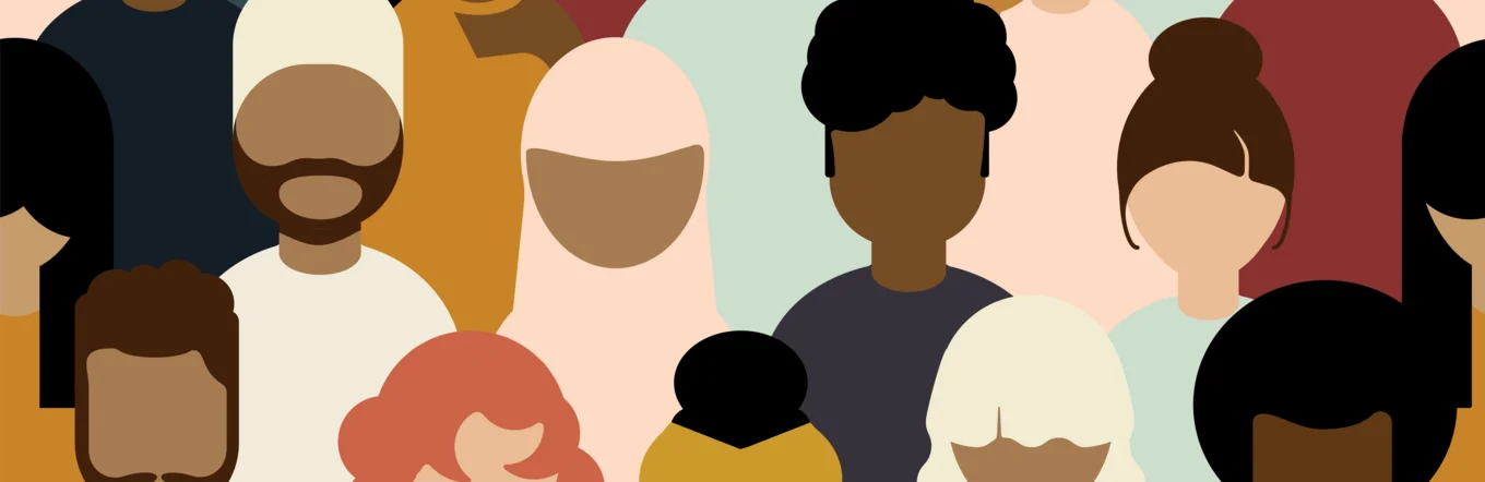 Illustration einer diversen Menschenmenge mit verschiedenen Hautfarben, Frisuren und Kopfbedeckungen