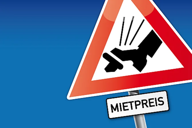 Mietpreisbremse im Wohnungsmarkt Ein Warnschild zeigt einen Fuß, der kurz davor ist, mit hoher Geschwindigkeit auf das Bremspedal zu drücken. Darunter befindet sich ein kleines rechteckiges Schild mit der Aufschrift „Mietpreis“.