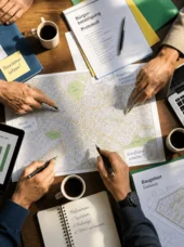 Kommunale Vertreter diskutieren über einen Stadtplan.
