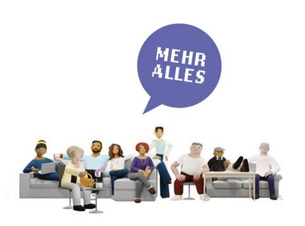 Grafik von verschiedenen Menschen, darüber eine Sprechblase mit dem Schriftzug "mehr alles"