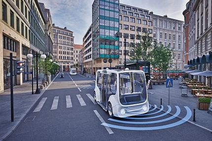 Autonom fahrender Bus in einer Stadt. 3d-Visualisierung