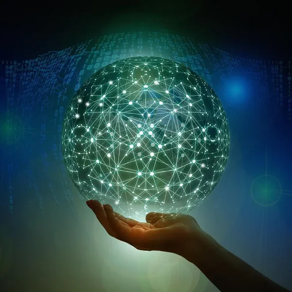 Digitalisierung und Blockchain Symbolische Darstellung von Digitalisierung und Blockchain-Technologie im Kontext digitaler Netzwerke und Datenverarbeitung.
