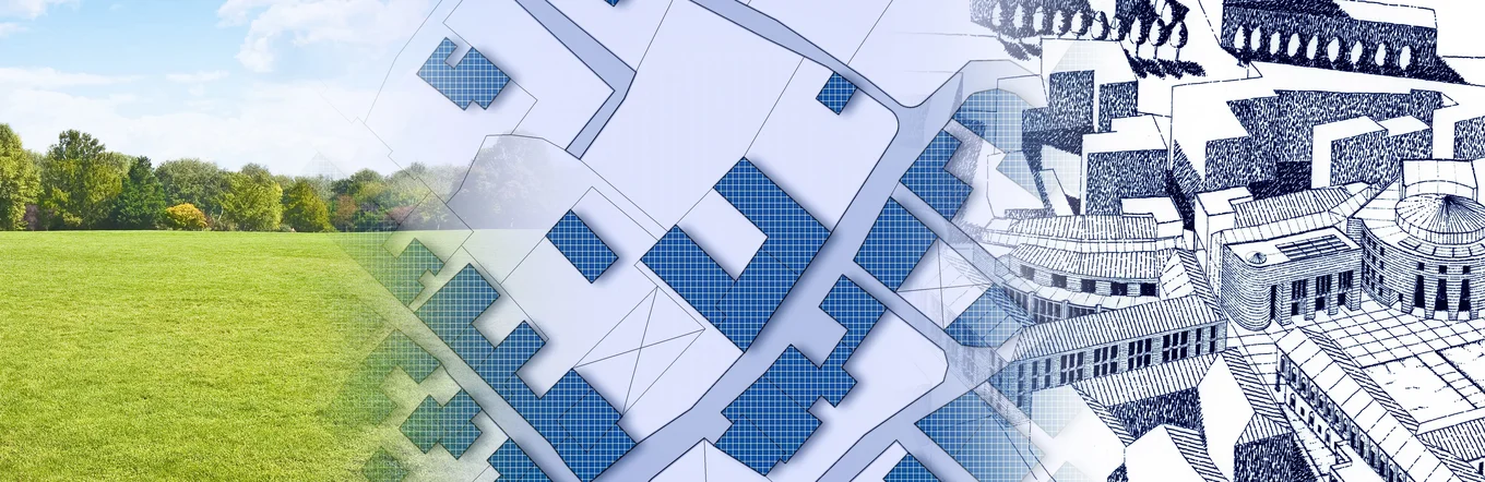 Dreiteilige Komposition aus Landschaft, Stadtplan und Architekturzeichnung als Übergang von rural zu urban.