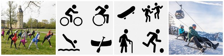 Sportaktivitäten Gymnastik, Schlittenfahren und Sportartsymbole