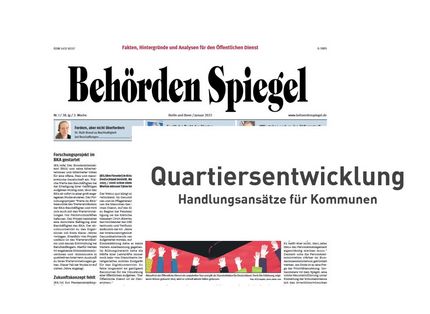 Ein Ausschnitt einer Titelseite einer Zeitung und der Text "Quartiersentwicklung - Handlungsansätze für Kommunen"