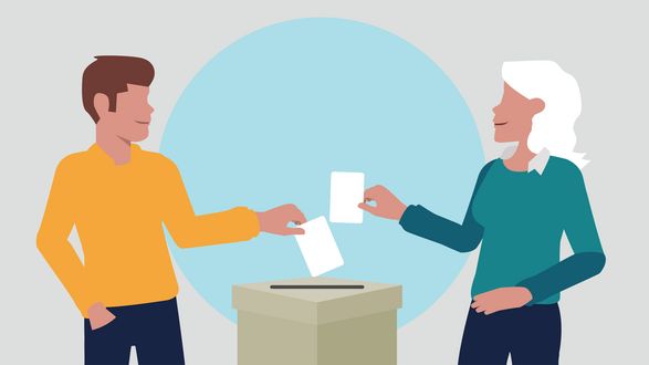 Illustration eines Mannes und einer Frau an der Wahlurne