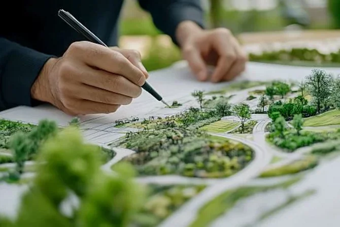 Kooperation zwischen vhw und BDLA Eine Person erstellt mit einem Stift eine grüne Landschaft.