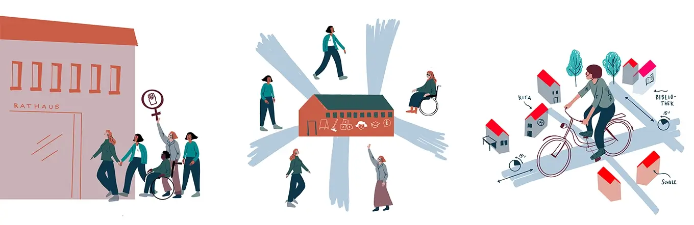 Illustrationen Caring-Cities-Ansätze von Anne Lehmann