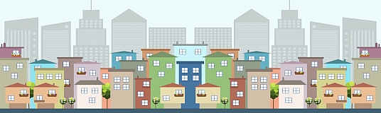 Illustration einer Städteskyline mit Büro- und Wohnhäusern.