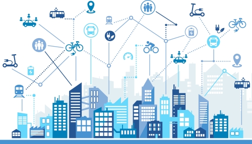 Illustration Stadtsilouette mit digital vernetzten Mobilitätsangeboten