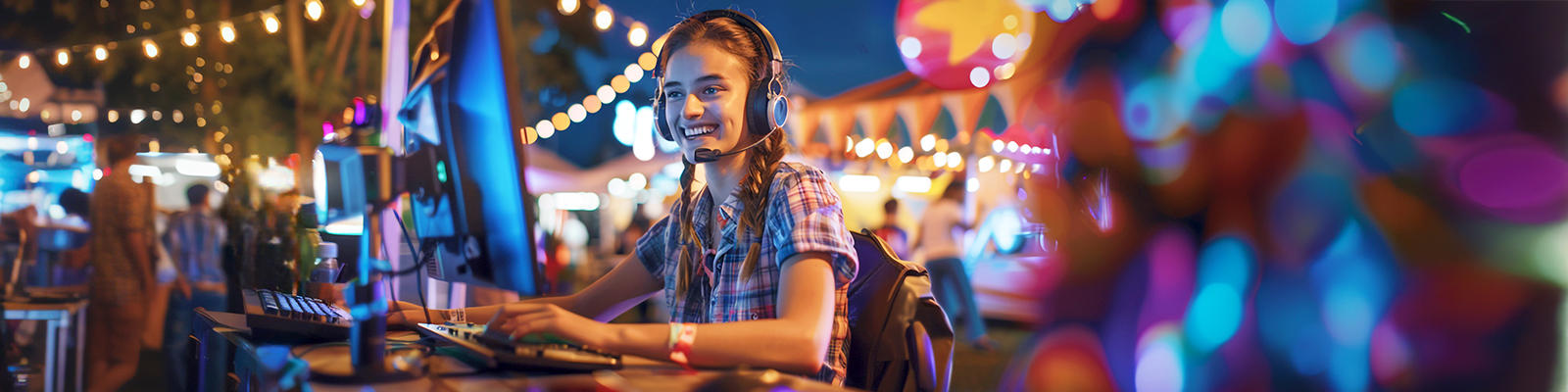 KI-generiertes Bild: Junge Frau auf einem Musikfestival sitzt lachend mit Kopfhörern vor einem Computerbildschirm.