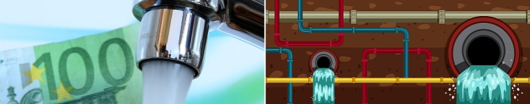 2 Abbildungen: Foto Wasserhahn und Geld, Graphik Abwasserrohre