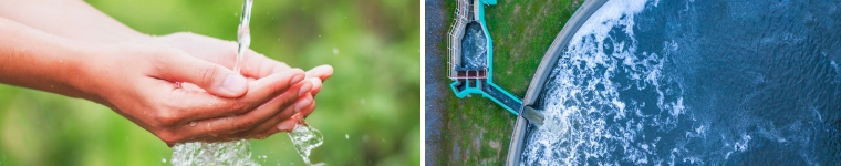 Fotos: Hände fangen Wasserstrahl auf und Klärbecken aus der Vogelperspektive