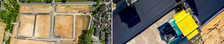 Collage aus einem Luftbild Erschließungsstraßen für Neubaugebiet und einem Luftbild Straßenbau 