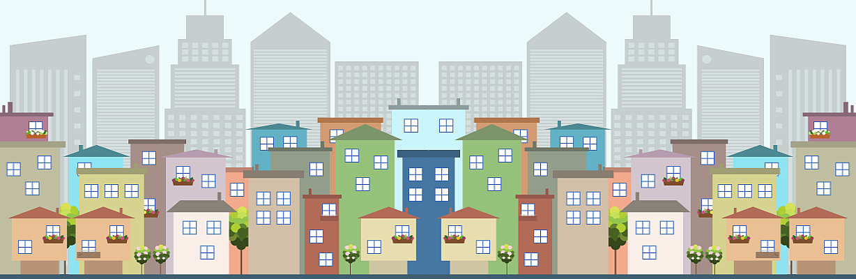 Bild zur Illustration des Themas Miet- und Wohnungseigentumsrecht: Stadt, im Vordergrund mit Wohnhäuseren im Hintergrund Bürogebäuden
