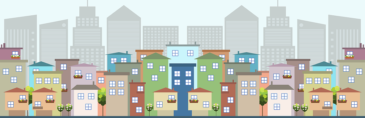 Bild zur Illustration des Themas Wohnungswirtschaft und Gewerbeimmobilien: Stadt, im Vordergrund mit Wohnhäuseren im Hintergrund Bürogebäuden