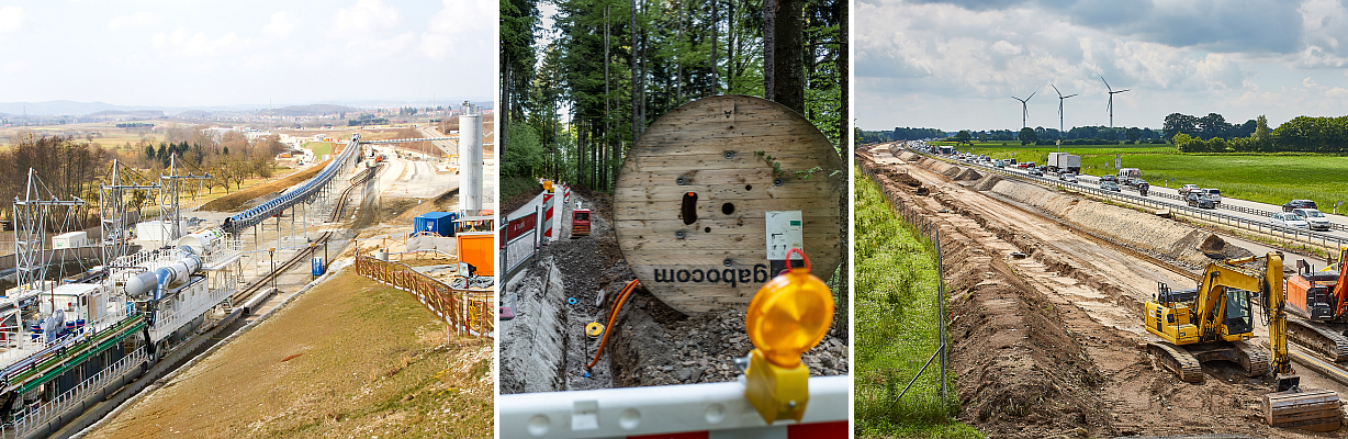 3 Fotos: Baustelle Eisenbahnstrecke, Glasfaserkabel-Verlegung durch Waldgebiet, Autobahnbaustelle