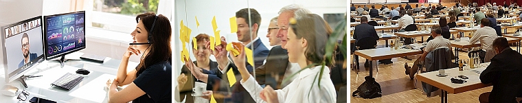 3 Fotos: Frau am PC bei Webinarteilnahme, Teilnehmer eines Workshops, Teilnehmer bei einer Präsenzveranstaltung 