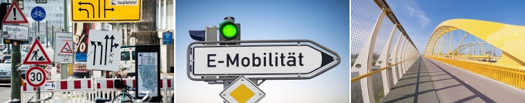 3 Fotos: Verkehrsschilder, Schild E-Mobilität, Fahrrad- und Fußgängerbrücke