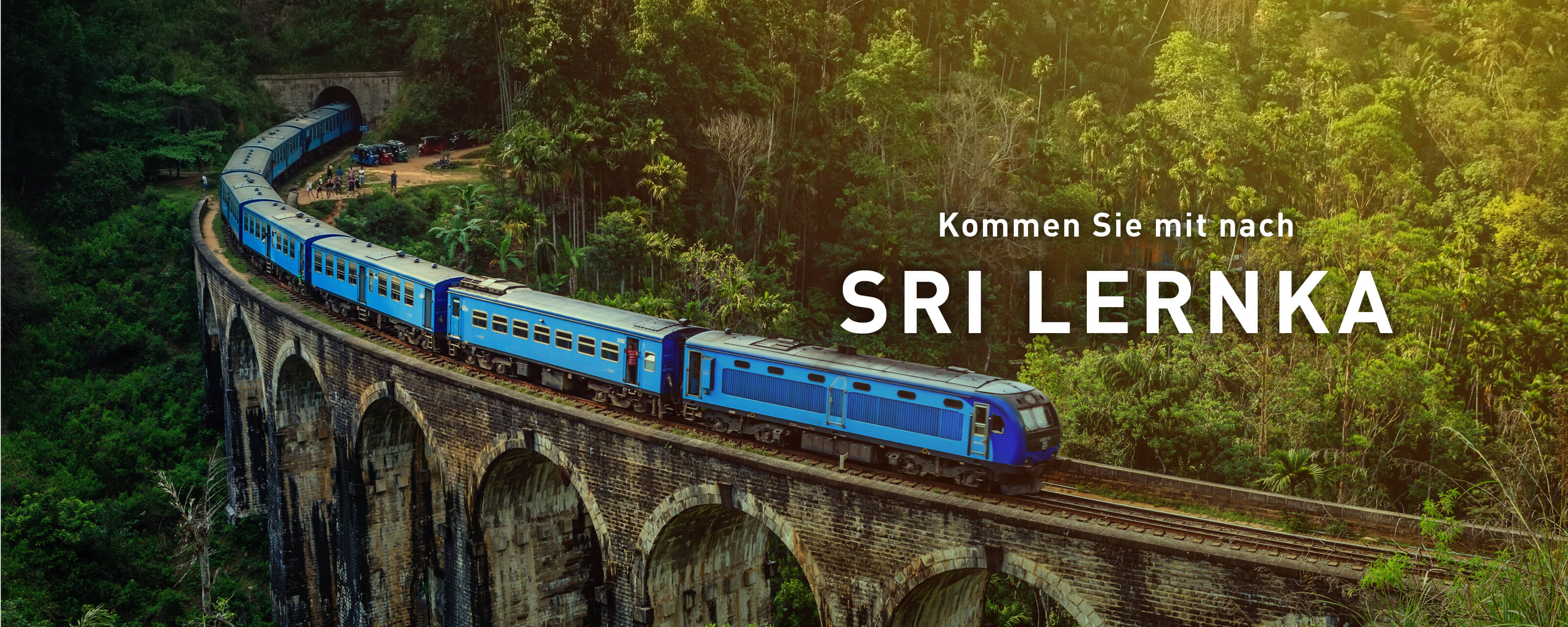 Ein blauer Zug überquert eine alte Steinbrücke durch den Urwald von Sri Lanka