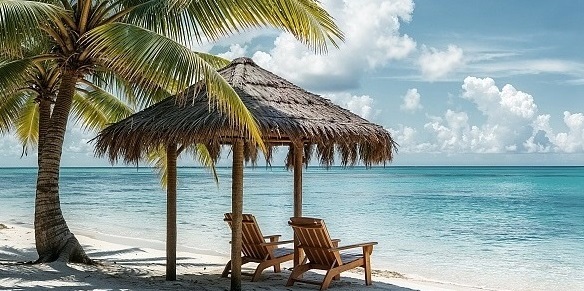 Foto: Liegestühle unter einem Palmendach auf einem Südseestrand mit Blick auf das türkisfarbene Meer.