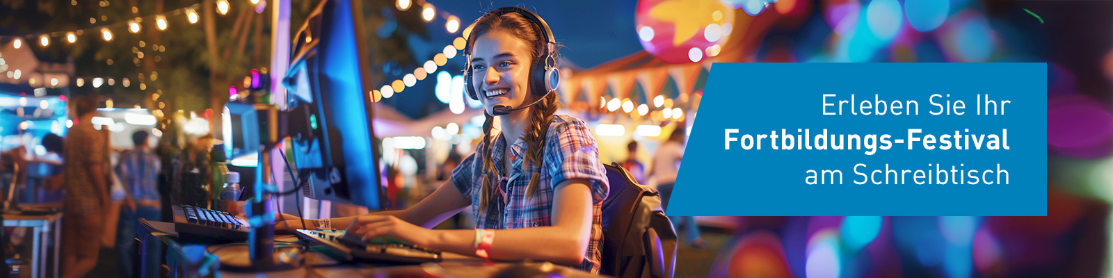 KI-generiertes Bild: Junge Frau auf einem Musikfestival sitzt lachend mit Kopfhörern vor einem Computerbildschirm.
