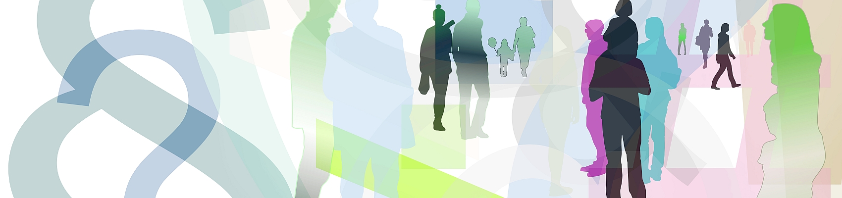 Silhouettenkonturen von Menschen vor einem Zeichen-Symbole-Hintergrund. 