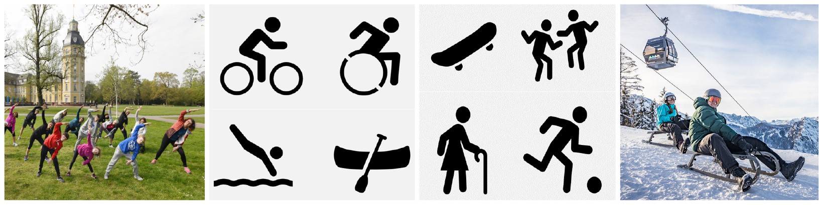 Sportaktivitäten Gymnastik, Schlittenfahren und Sportartsymbole